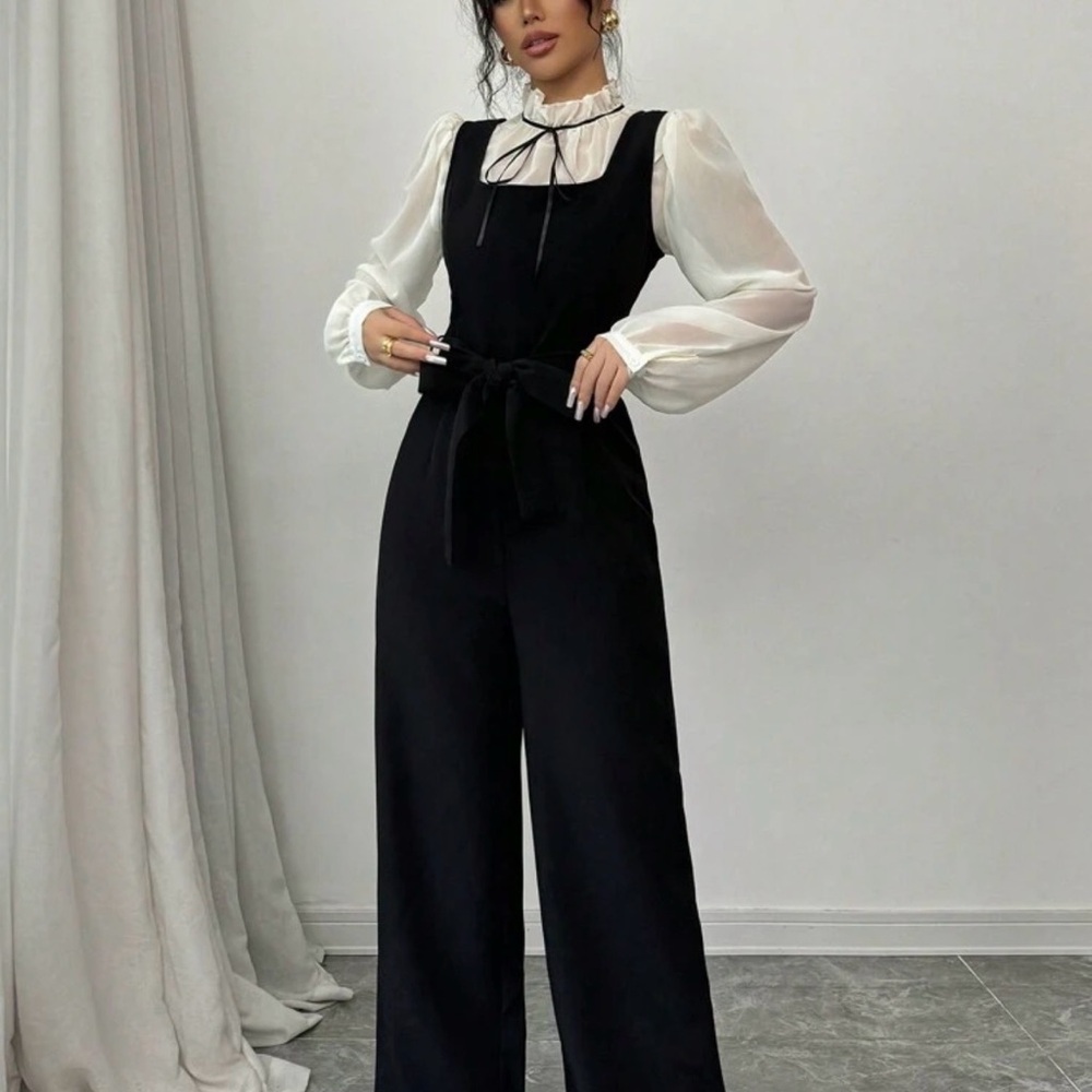 SHEIN Black Strapless Wide-Leg Jumpsuit with Waist Sash